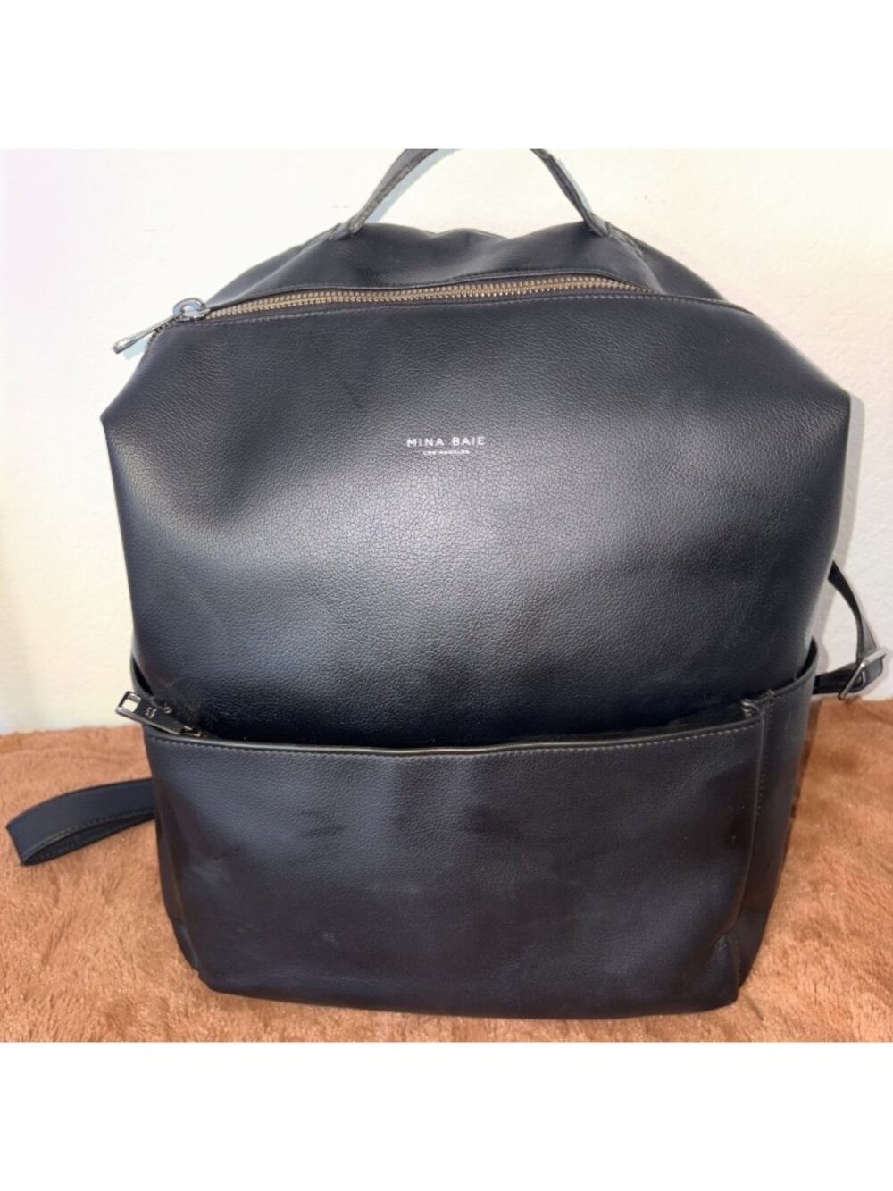 Mina Baie Harper Backpack Leather Diaper Bag Black Excellent Condition 12”w X 16